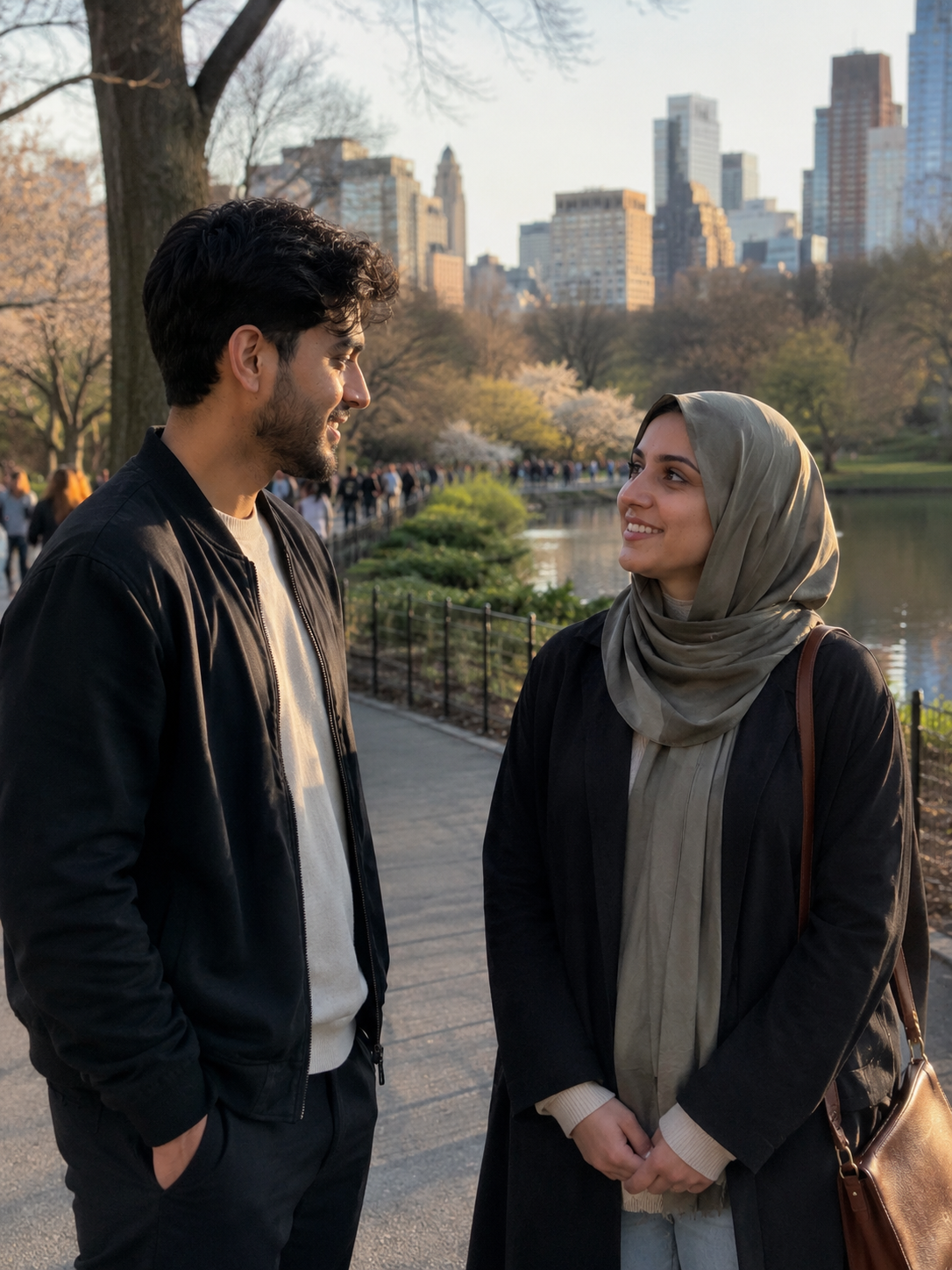 Muslim couple walking together in North America